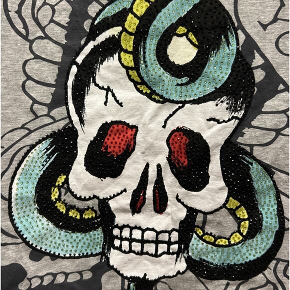 Women’s DON ED HARDY Bling Skull Snake NYC Short Sleeve T Shirt Size L NWT *D1 - Picture 2 of 4